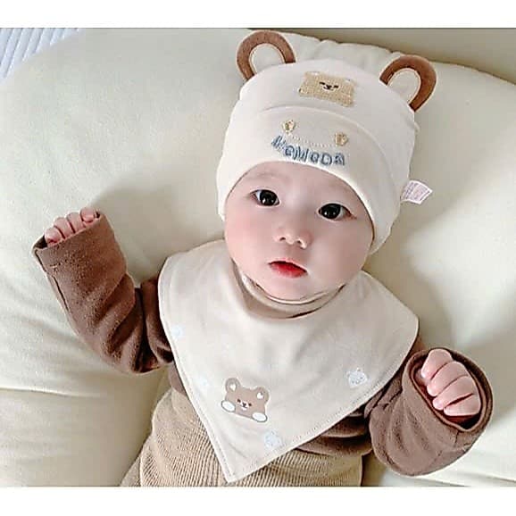 Set Mũ Khăn Tai Gấu Tròn Bằng Vải cotton Nguyên Chất Cho Bé Trai / Gái 0-12 Tháng Tuổi [SET-MŨ-KHĂN-01] - ảnh 2