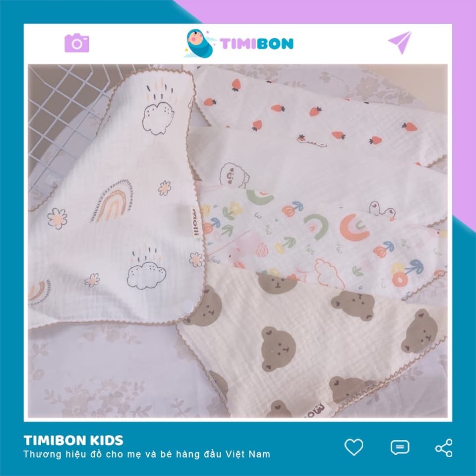 Set 3 khăn yếm đa năng vải xô muslin có khuy điều chỉnh họa tiết đáng yêu cho bé