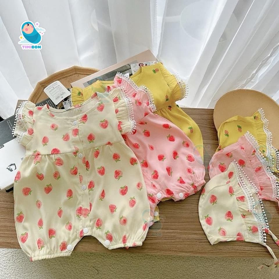[ Tặng Kèm Mũ ] Body Đùi Cánh Tiên Trái Dâu Chất Đũi Lạnh Cho Bé Gái Sơ Sinh Mặc Hè Thoáng Mát - [BDC28] - ảnh 2