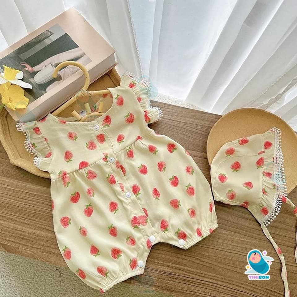 [ Tặng Kèm Mũ ] Body Đùi Cánh Tiên Trái Dâu Chất Đũi Lạnh Cho Bé Gái Sơ Sinh Mặc Hè Thoáng Mát - [BDC28] - ảnh 4