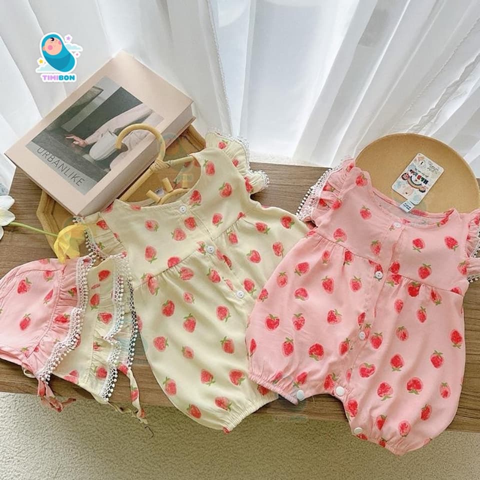 [ Tặng Kèm Mũ ] Body Đùi Cánh Tiên Trái Dâu Chất Đũi Lạnh Cho Bé Gái Sơ Sinh Mặc Hè Thoáng Mát - [BDC28] - ảnh 3
