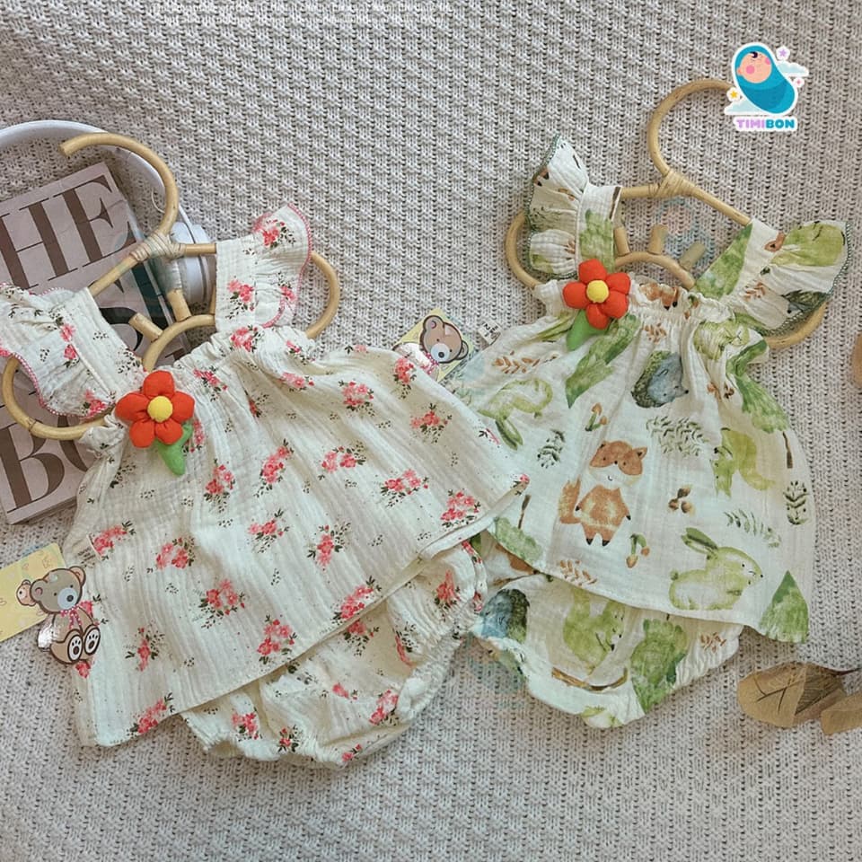 Đồ Bộ 2 Dây Xô Muslin Bé Gái 4-16kg Hoạ Tiết Nhí Siêu Xinh, Set Dây Cho Bé Gái Mặc Hè - [BDCHIP31] - ảnh 6