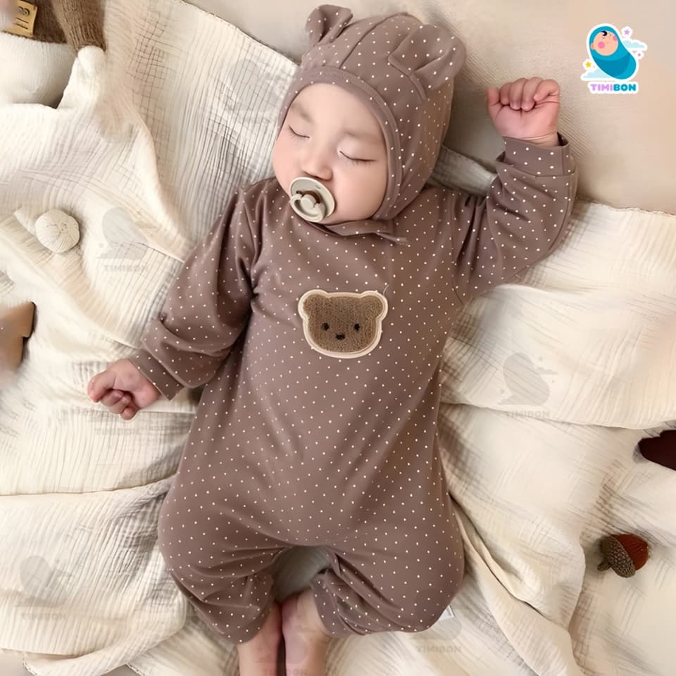 [ TẶNG KÈM MŨ ] Bodysuit Dài Tay Cho Bé Trai Bé Gái, Body Thu Đông Đính Gấu Mềm Mịn Mẫu Quần Áo Trẻ Em Liền Thân [BDD57] - ảnh 4
