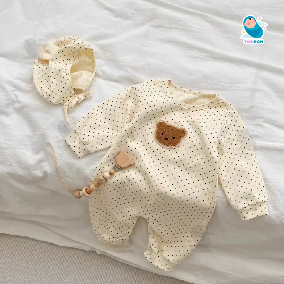 [ TẶNG KÈM MŨ ] Bodysuit Dài Tay Cho Bé Trai Bé Gái, Body Thu Đông Đính Gấu Mềm Mịn Mẫu Quần Áo Trẻ Em Liền Thân [BDD57] - ảnh 5