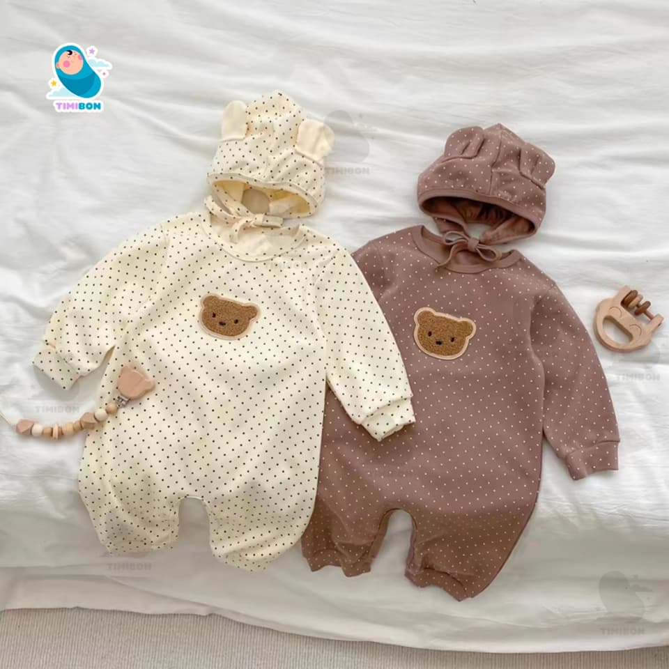 [ TẶNG KÈM MŨ ] Bodysuit Dài Tay Cho Bé Trai Bé Gái, Body Thu Đông Đính Gấu Mềm Mịn Mẫu Quần Áo Trẻ Em Liền Thân [BDD57] - ảnh 7