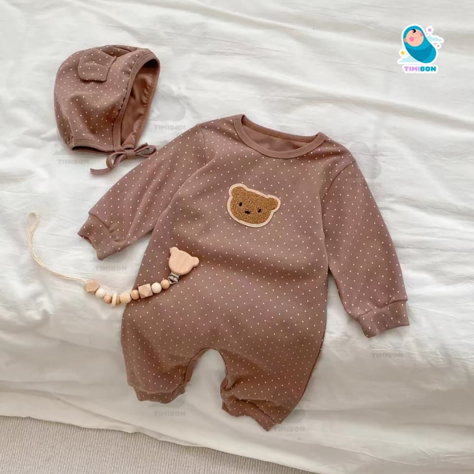 [ TẶNG KÈM MŨ ] Bodysuit Dài Tay Cho Bé Trai Bé Gái, Body Thu Đông Đính Gấu Mềm Mịn Mẫu Quần Áo Trẻ Em Liền Thân [BDD57] - ảnh 6