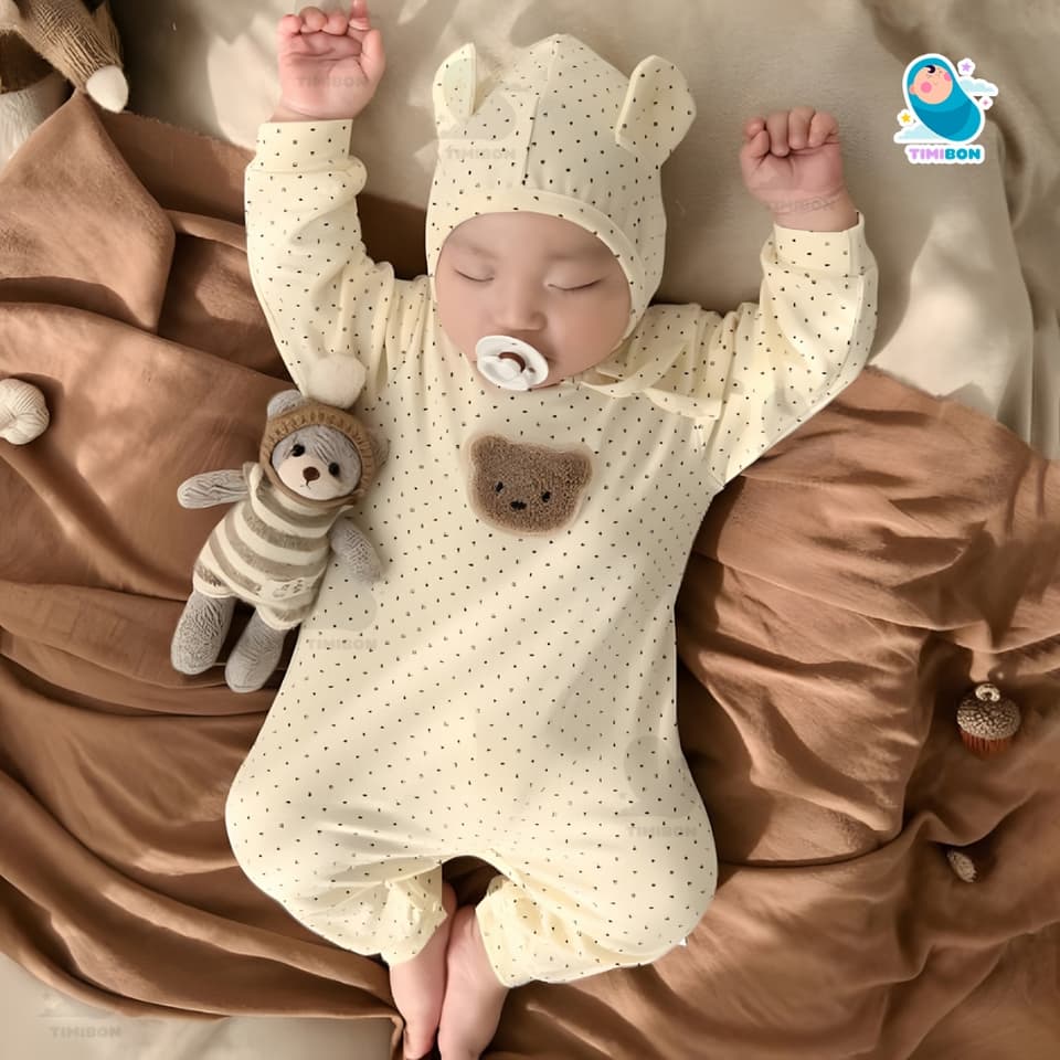 [ TẶNG KÈM MŨ ] Bodysuit Dài Tay Cho Bé Trai Bé Gái, Body Thu Đông Đính Gấu Mềm Mịn Mẫu Quần Áo Trẻ Em Liền Thân [BDD57] - ảnh 3