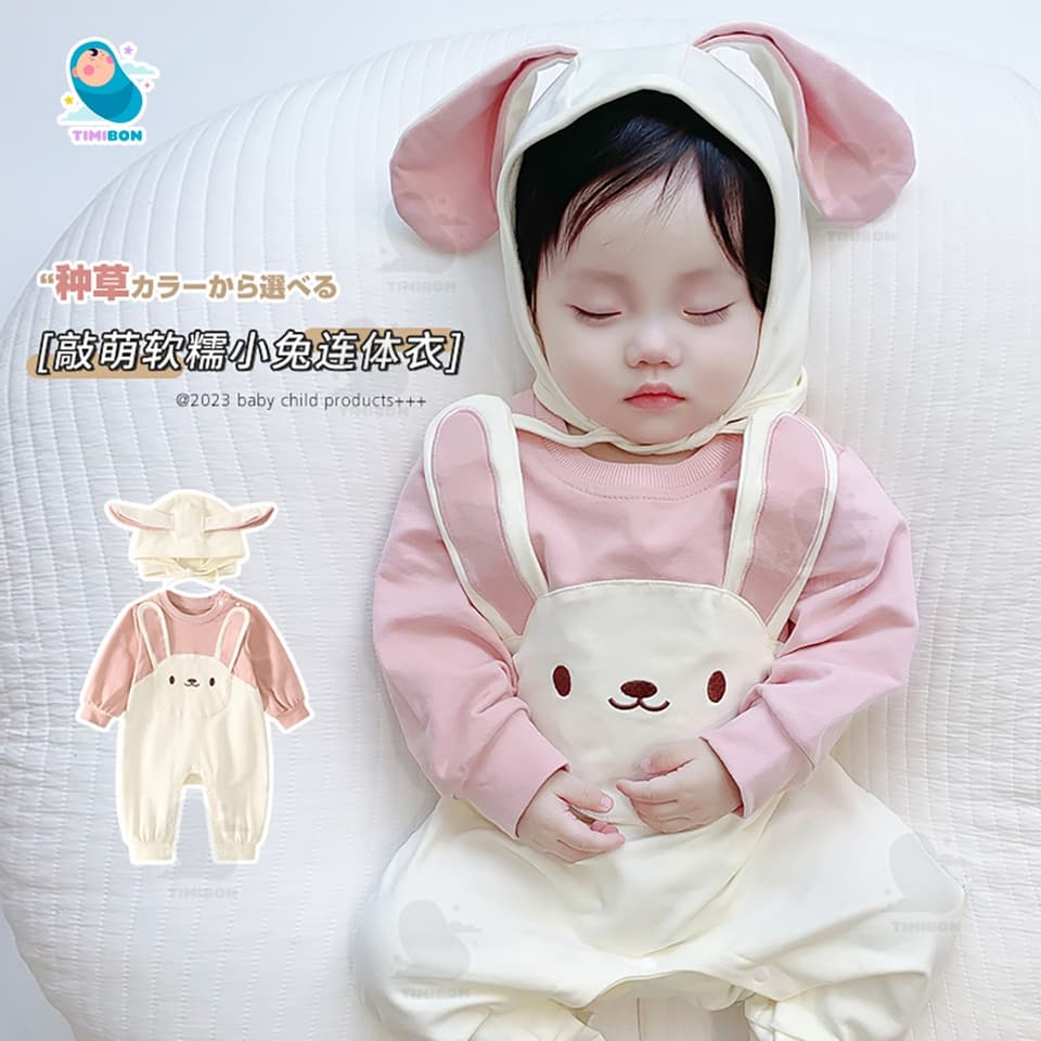 [ Tặng Kèm Mũ ] Bodysuit Dài Tay Cho Bé Gái, Body Dài Cotton Hình Thỏ Mẫu Quần Áo Trẻ Em Liền Thân - [BDD65] - ảnh 2