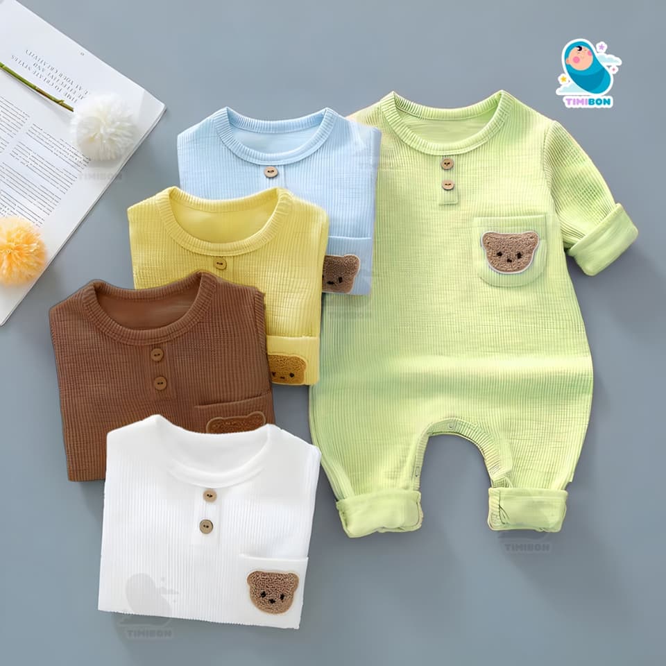 Body Dài Tay Cho Bé Trai Bé Gái, Bodysuit Thu Đông Tăm Lạnh Đính Gấu Mẫu Quần Áo Trẻ Em Liền Thân – [BDD66] - ảnh 2