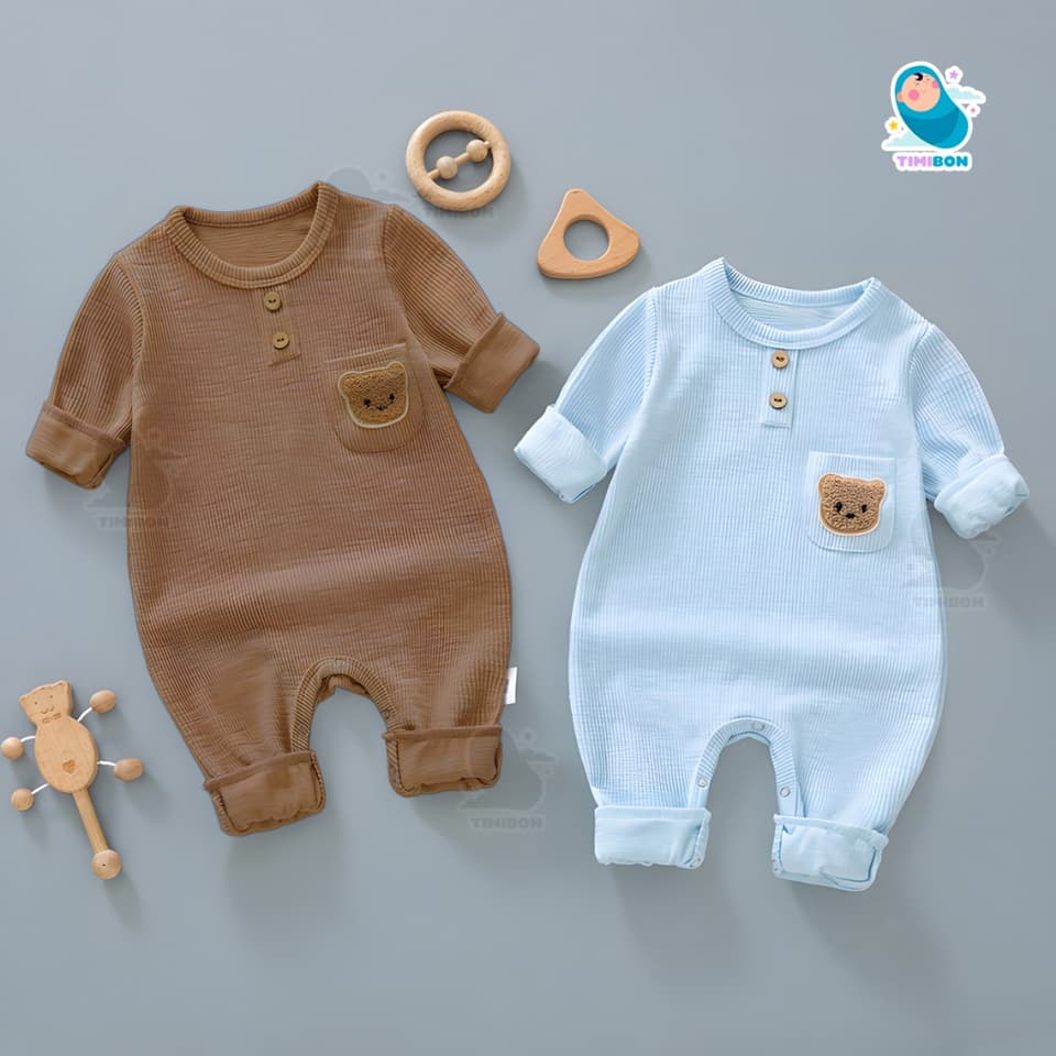 Body Dài Tay Cho Bé Trai Bé Gái, Bodysuit Thu Đông Tăm Lạnh Đính Gấu Mẫu Quần Áo Trẻ Em Liền Thân – [BDD66] - ảnh 3