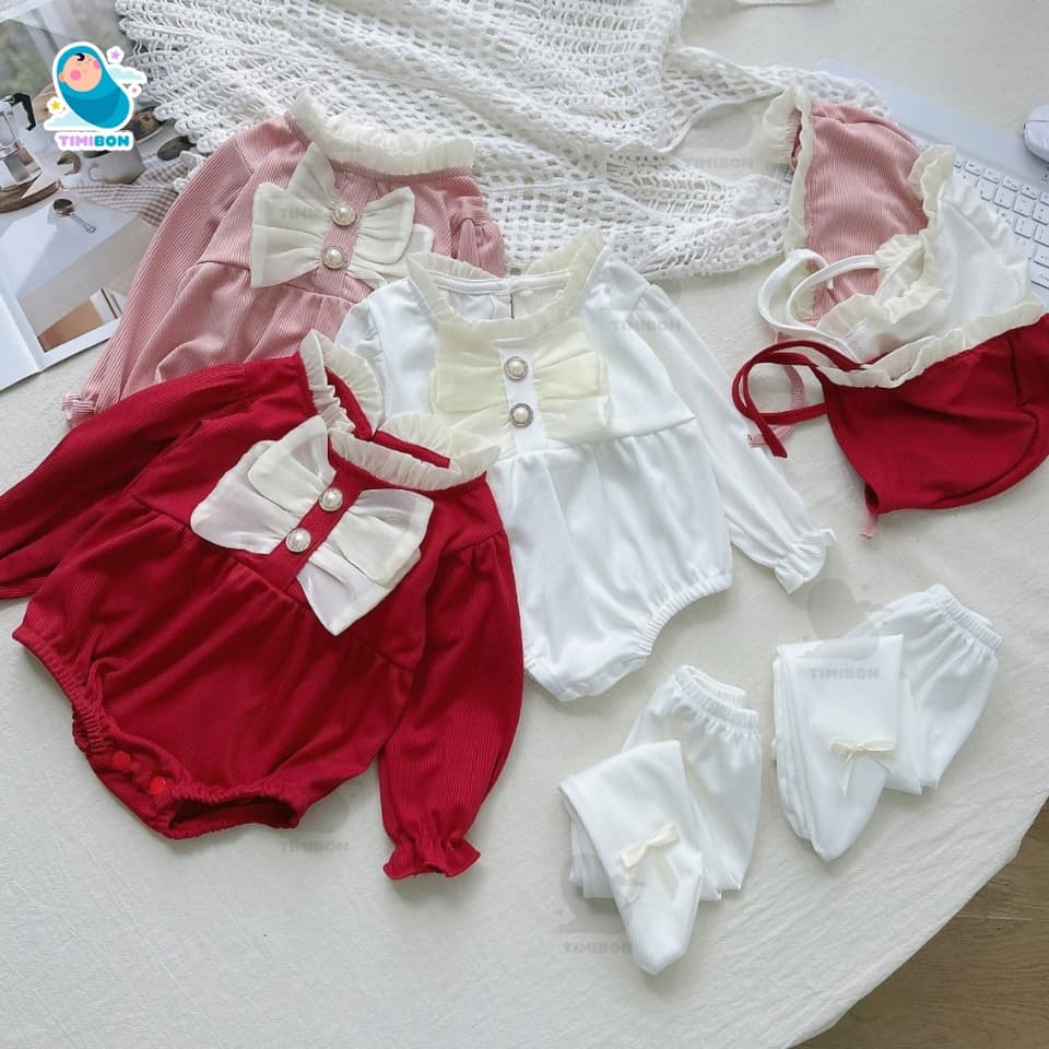 Bộ Bodysuit Dài Tay Kèm Mũ Và Quần Tất Cho Bé Gái, Set Nơ Trắng Áo Liền Quần Cho Bé Từ Sơ Sinh Đến 12kg - [BDCHIP11] - ảnh 2