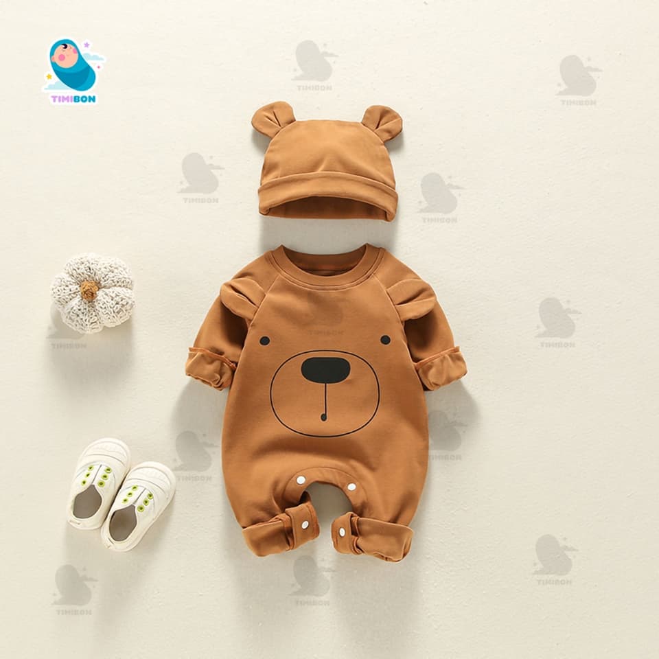 [ Kèm Mũ ] Bodysuit Dài Tay Cho Bé Trai Bé Gái, Body Thu Đông Gấu Mềm Mịn Mẫu Quần Áo Trẻ Em Liền Thân – [BDD72] - ảnh 4