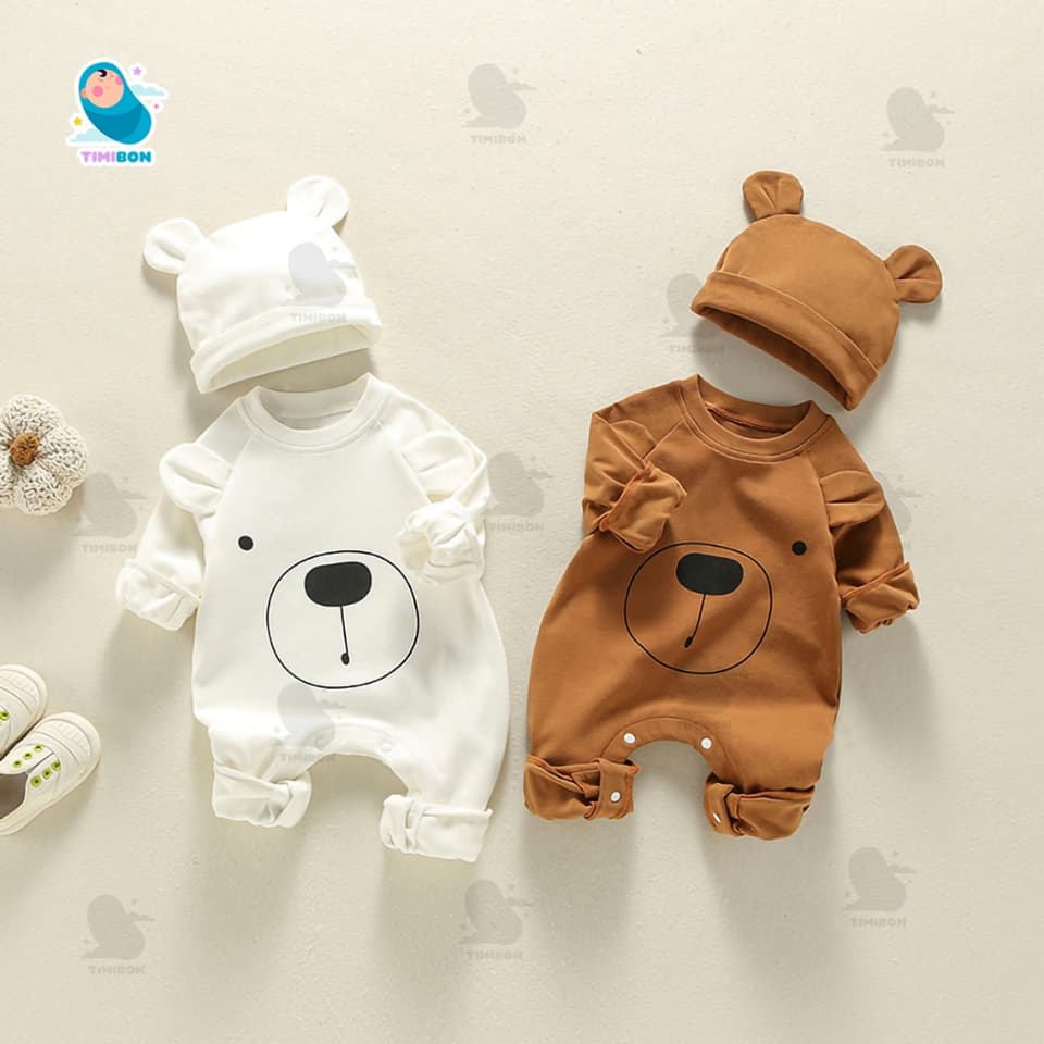 [ Kèm Mũ ] Bodysuit Dài Tay Cho Bé Trai Bé Gái, Body Thu Đông Gấu Mềm Mịn Mẫu Quần Áo Trẻ Em Liền Thân – [BDD72] - ảnh 5