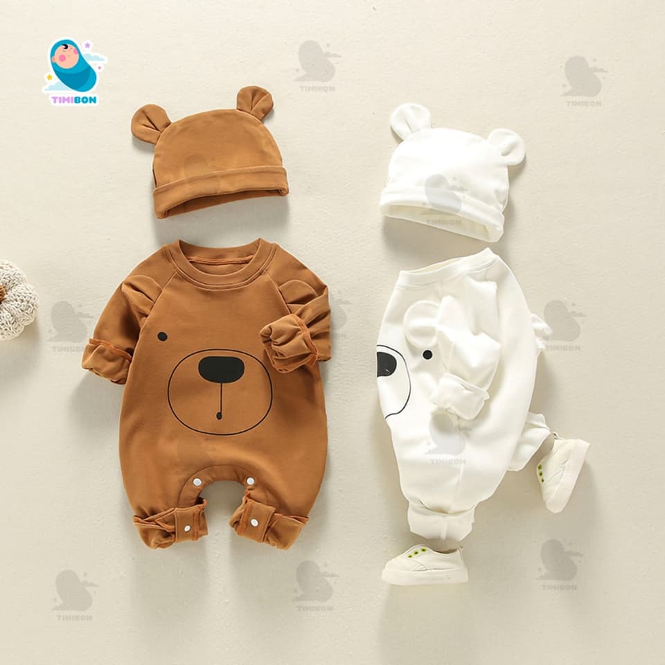 [ Kèm Mũ ] Bodysuit Dài Tay Cho Bé Trai Bé Gái, Body Thu Đông Gấu Mềm Mịn Mẫu Quần Áo Trẻ Em Liền Thân – [BDD72] - ảnh 2