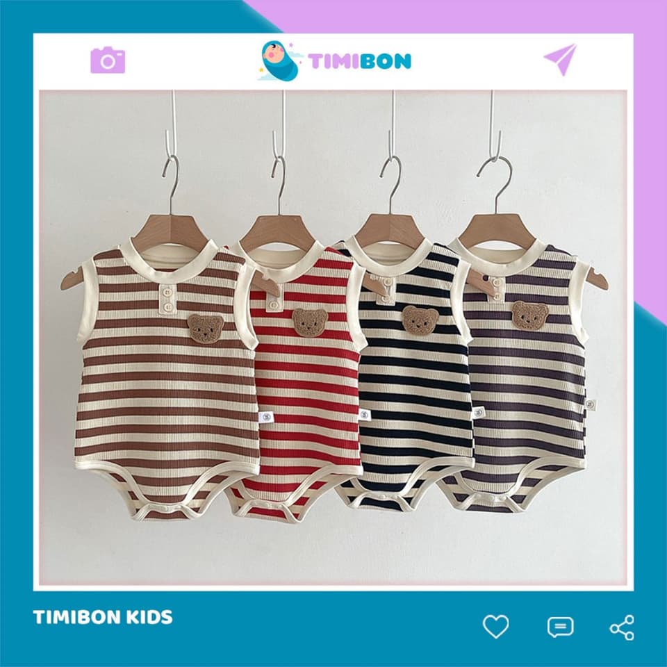 Body Chip Bé Trai Gái Mẫu Sát Nách Kẻ Ngang Đính Gấu, Bodysuit Cho Bé Mềm Mát Bộ Body Cho Bé Sơ Sinh [BDCHIP69]