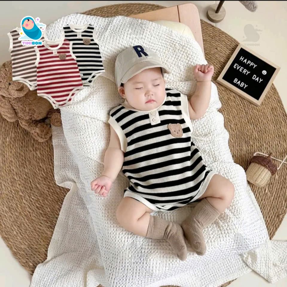 Body Chip Bé Trai Gái Mẫu Sát Nách Kẻ Ngang Đính Gấu, Bodysuit Cho Bé Mềm Mát Bộ Body Cho Bé Sơ Sinh [BDCHIP69] - ảnh 5