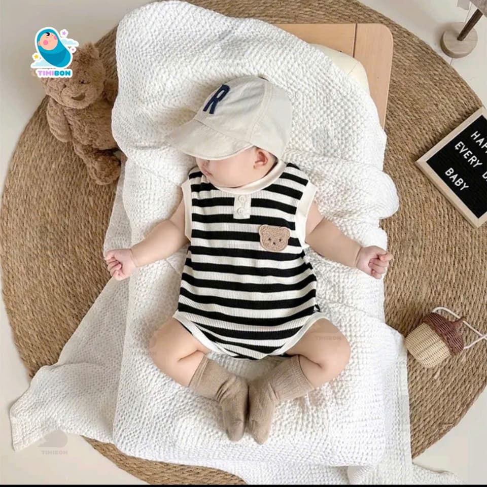 Body Chip Bé Trai Gái Mẫu Sát Nách Kẻ Ngang Đính Gấu, Bodysuit Cho Bé Mềm Mát Bộ Body Cho Bé Sơ Sinh [BDCHIP69] - ảnh 6