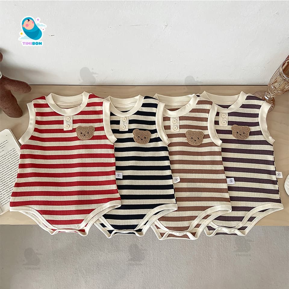 Body Chip Bé Trai Gái Mẫu Sát Nách Kẻ Ngang Đính Gấu, Bodysuit Cho Bé Mềm Mát Bộ Body Cho Bé Sơ Sinh [BDCHIP69] - ảnh 4