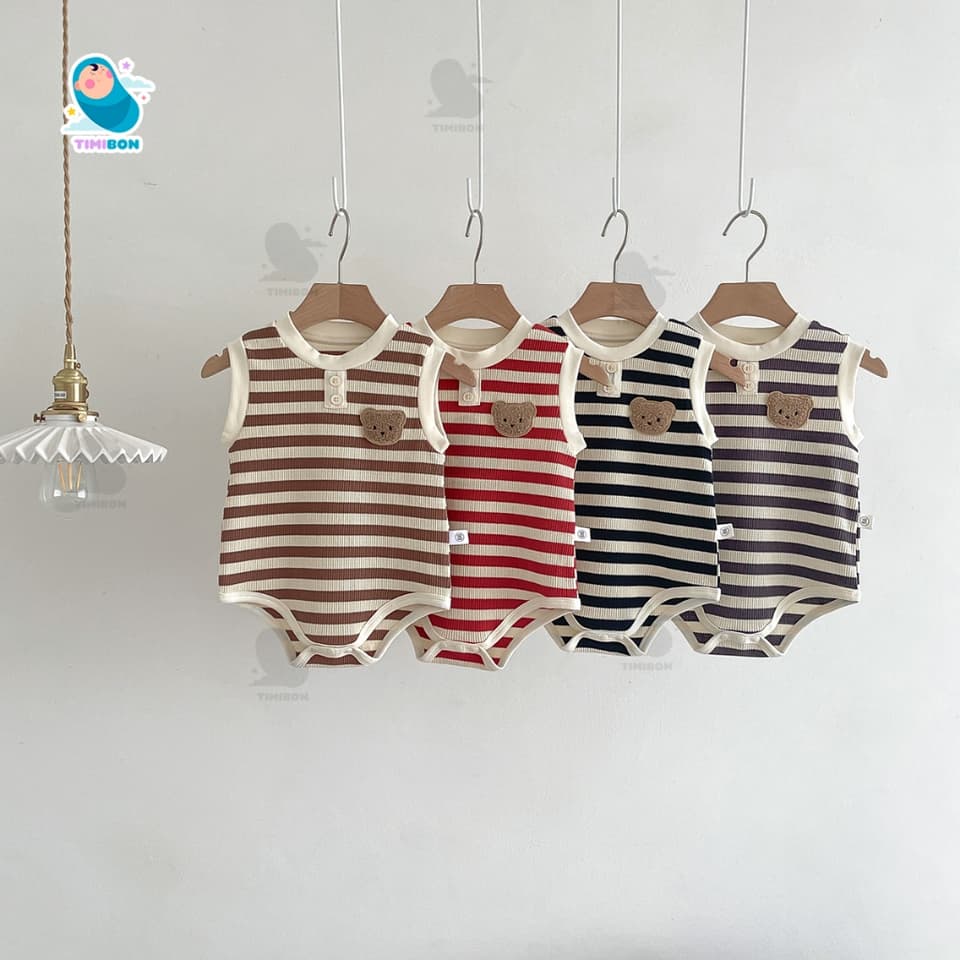Body Chip Bé Trai Gái Mẫu Sát Nách Kẻ Ngang Đính Gấu, Bodysuit Cho Bé Mềm Mát Bộ Body Cho Bé Sơ Sinh [BDCHIP69] - ảnh 2