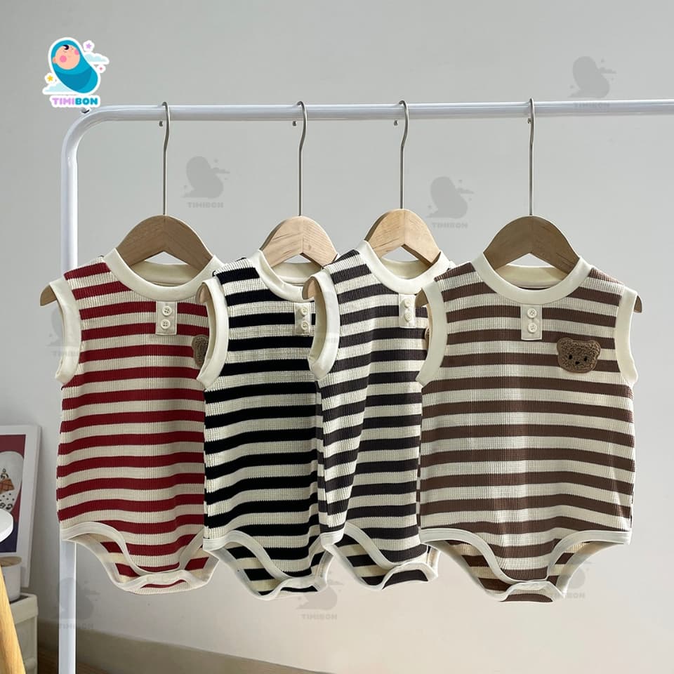Body Chip Bé Trai Gái Mẫu Sát Nách Kẻ Ngang Đính Gấu, Bodysuit Cho Bé Mềm Mát Bộ Body Cho Bé Sơ Sinh [BDCHIP69] - ảnh 3