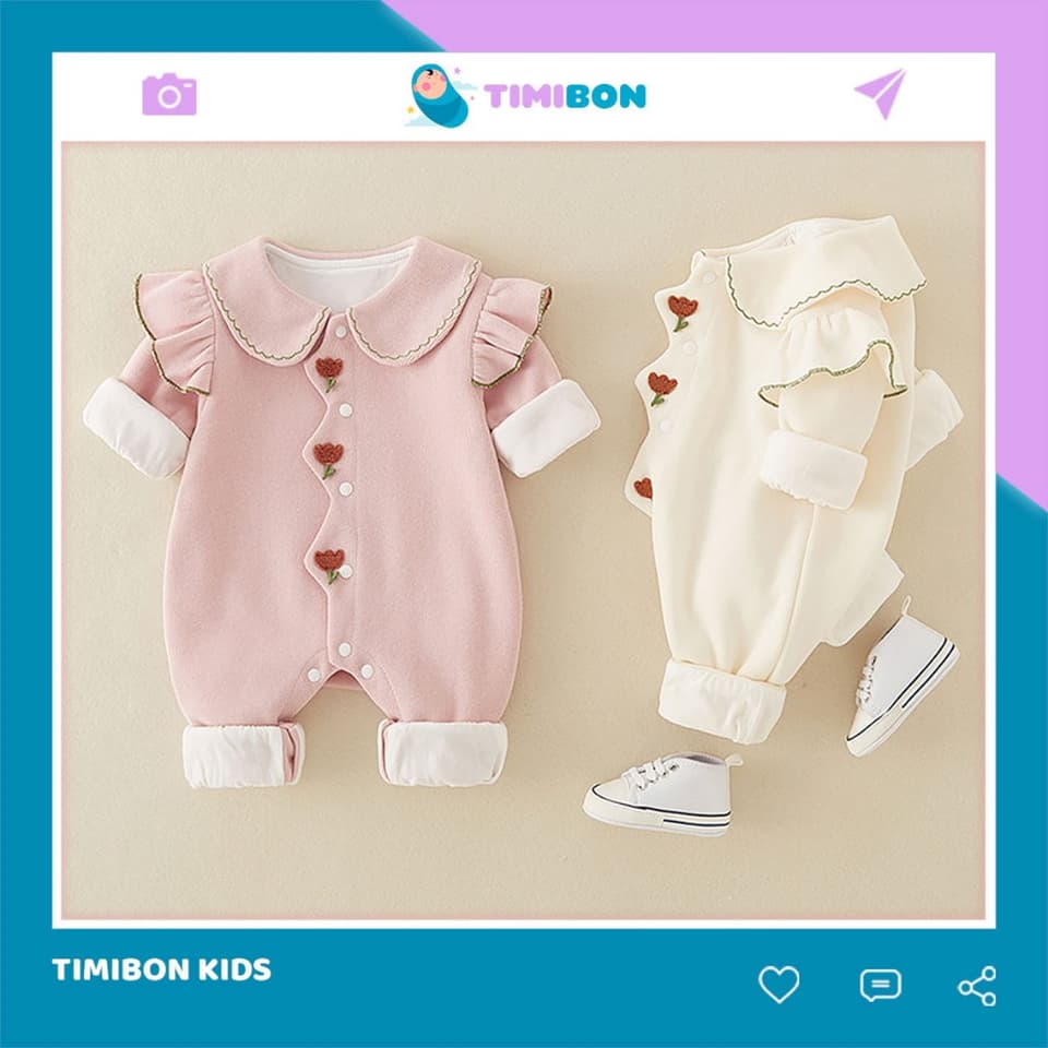 Body Dài Tay Cho Bé Gái, Bodysuit Thu Đông Nhung Tăm Đính Hoa Mẫu Quần Áo Trẻ Em Liền Thân – [BDD79]