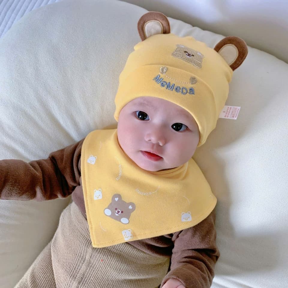 Set Mũ Khăn Tai Gấu Tròn Bằng Vải cotton Nguyên Chất Cho Bé Trai / Gái 0-12 Tháng Tuổi [SET-MŨ-KHĂN-01] - ảnh 4