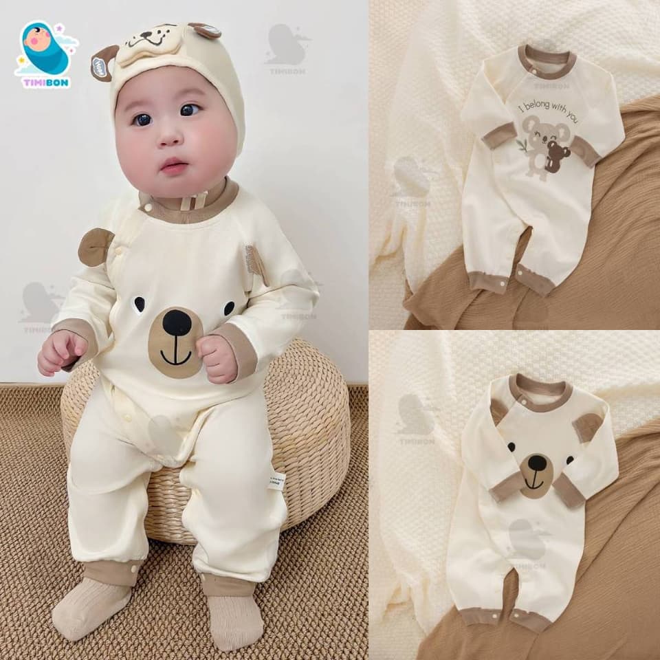 [ TẶNG KÈM MŨ ] Body Dài Tay Cho Bé Trai Bé Gái – Bodysuit Thu Đông Mềm Mịn, Đồ Sơ Sinh Liền Thân | Timibon Kids [BDD90]