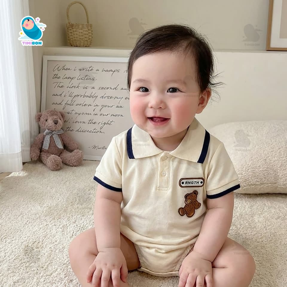 Body chip cho bé trai cổ polo phong cách công tử đính gấu đáng yêu, Bodysuit cho bé chất cotton tàu co giãn [BDCHIP81] - ảnh 9