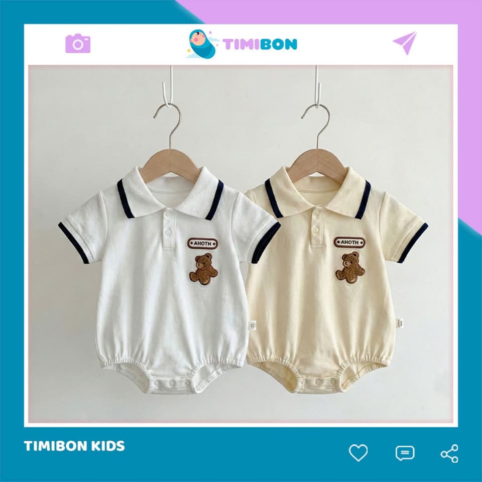 Body chip cho bé trai cổ polo phong cách công tử đính gấu đáng yêu, Bodysuit cho bé chất cotton tàu co giãn [BDCHIP81]