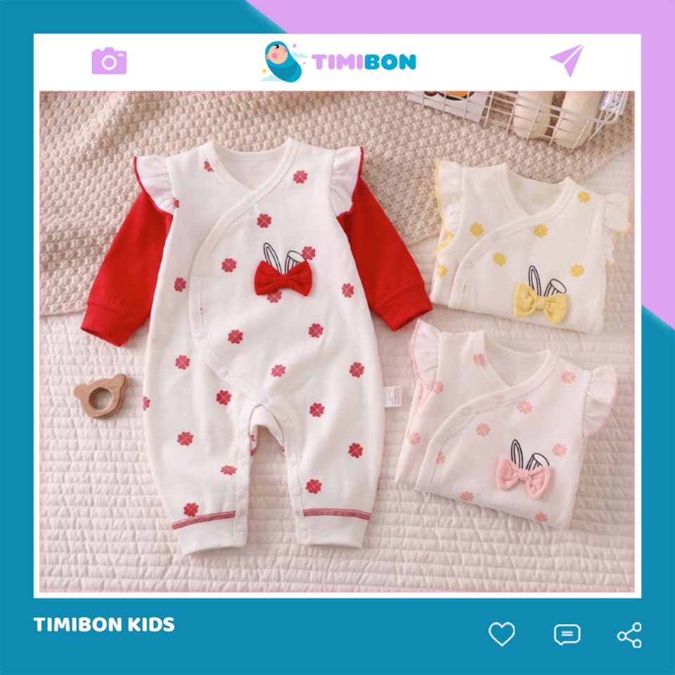 Bộ Body Dài Tay Cánh Tiên Kèm Nơ Thỏ Cho Bé Gái, Đồ Sơ Sinh Liền Thân Thu Đông Mềm Mịn Timibon Kids [BDD110]