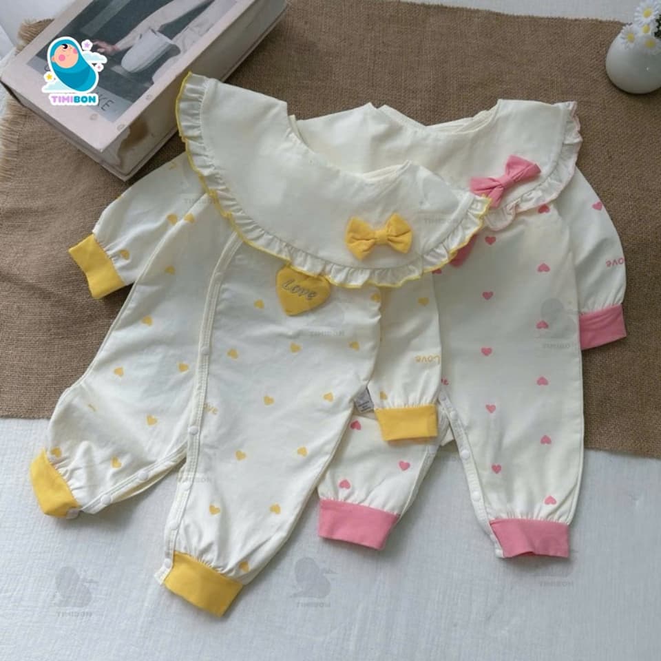 [ Tặng Kèm Yếm ] Body Dài Tay Cho Bé Gái Hình Tim, Bodysuit Thu Đông Mềm Mịn, Đồ Sơ Sinh Liền Thân Timibon Kids [BDD95] - ảnh 4