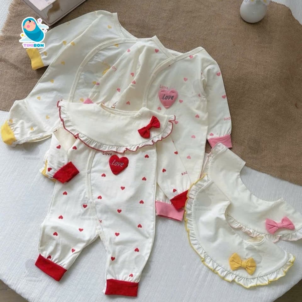 [ Tặng Kèm Yếm ] Body Dài Tay Cho Bé Gái Hình Tim, Bodysuit Thu Đông Mềm Mịn, Đồ Sơ Sinh Liền Thân Timibon Kids [BDD95] - ảnh 2