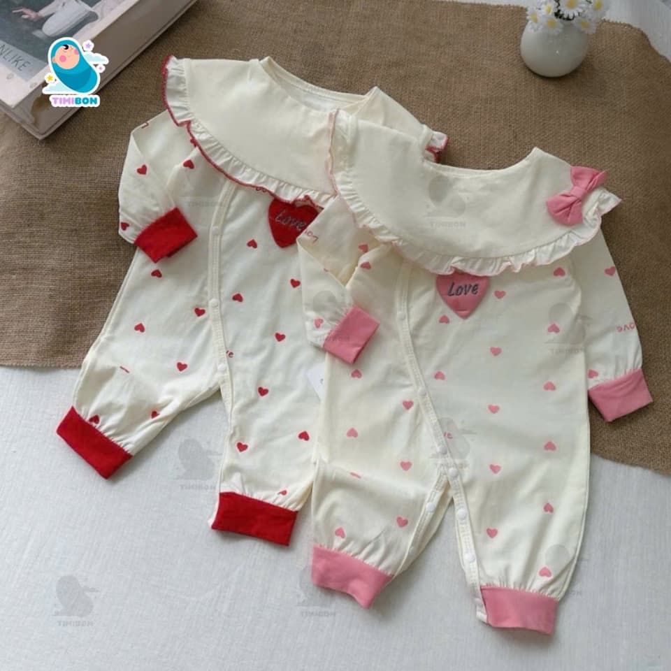 [ Tặng Kèm Yếm ] Body Dài Tay Cho Bé Gái Hình Tim, Bodysuit Thu Đông Mềm Mịn, Đồ Sơ Sinh Liền Thân Timibon Kids [BDD95] - ảnh 3