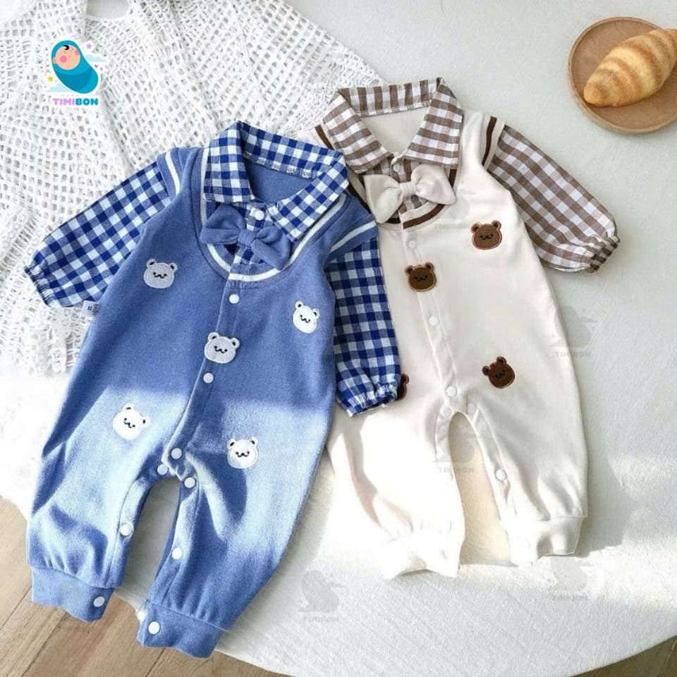 Body Công Tử Thu Đông Cho Bé, Body Dài Tay Vải Nỉ Zip Lông Dày Dặn Thêu Gấu Phối Cổ Nơ Cho Bé Trai [BDD101] - ảnh 3