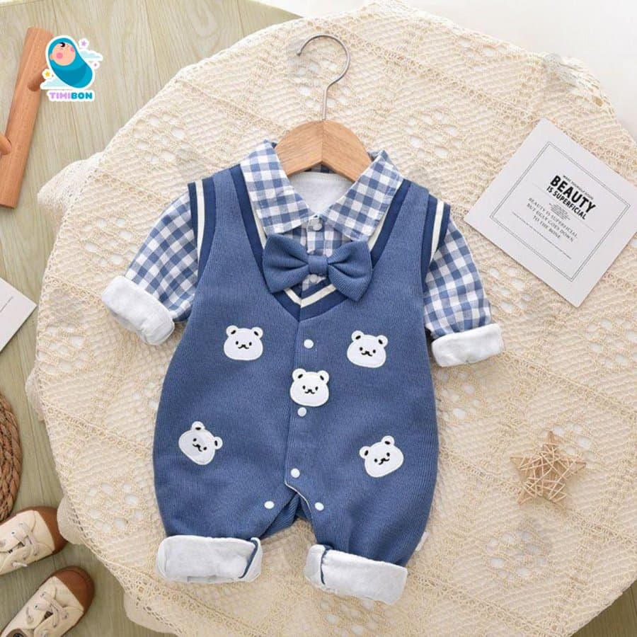 Body Công Tử Thu Đông Cho Bé, Body Dài Tay Vải Nỉ Zip Lông Dày Dặn Thêu Gấu Phối Cổ Nơ Cho Bé Trai [BDD101] - ảnh 7