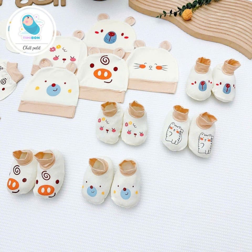 Set 3 Món Sơ Sinh ( Mũ - Bao Tay - Bao Chân ) Kem Pha Cổ Nâu Chất Petit Siêu Mềm Cho Bé Yêu - ảnh 2