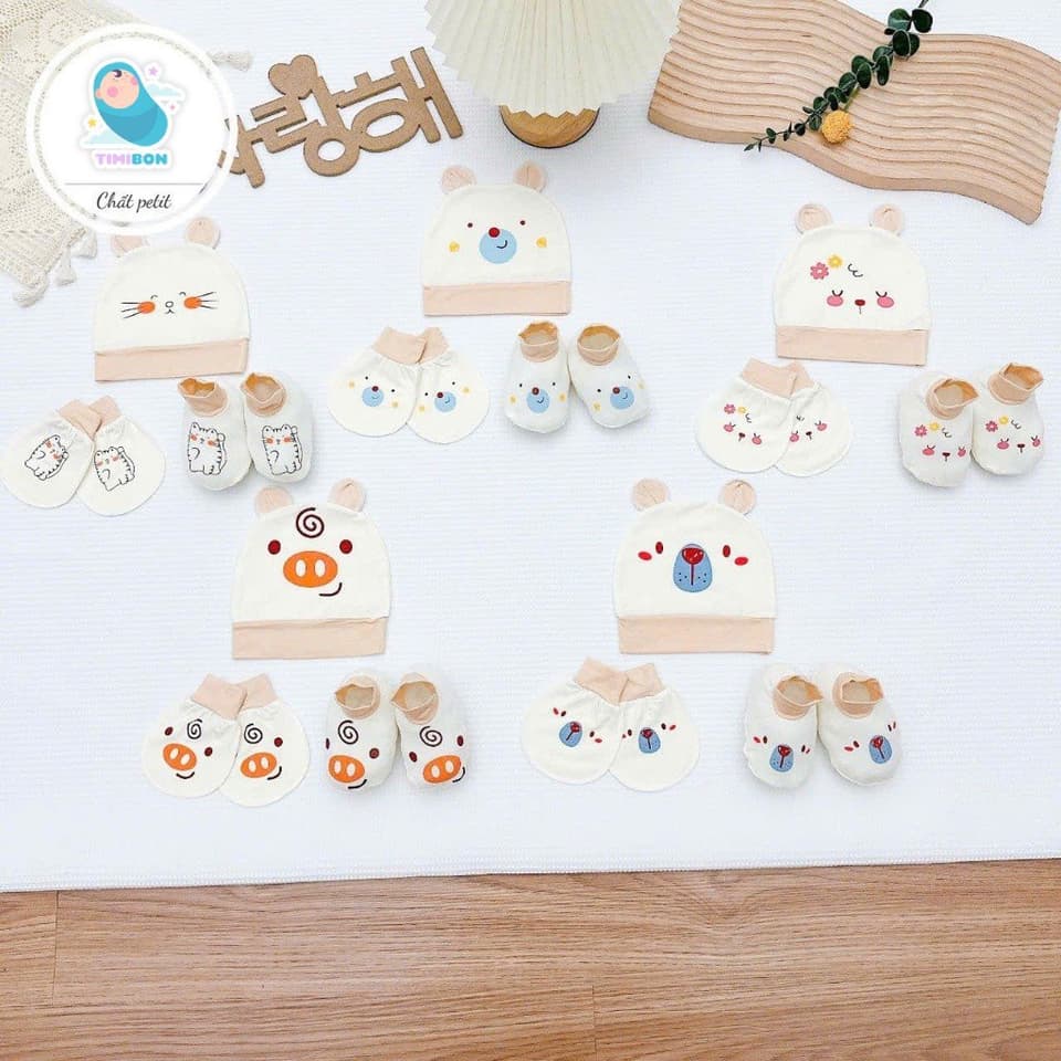 Set 3 Món Sơ Sinh ( Mũ - Bao Tay - Bao Chân ) Kem Pha Cổ Nâu Chất Petit Siêu Mềm Cho Bé Yêu - ảnh 3