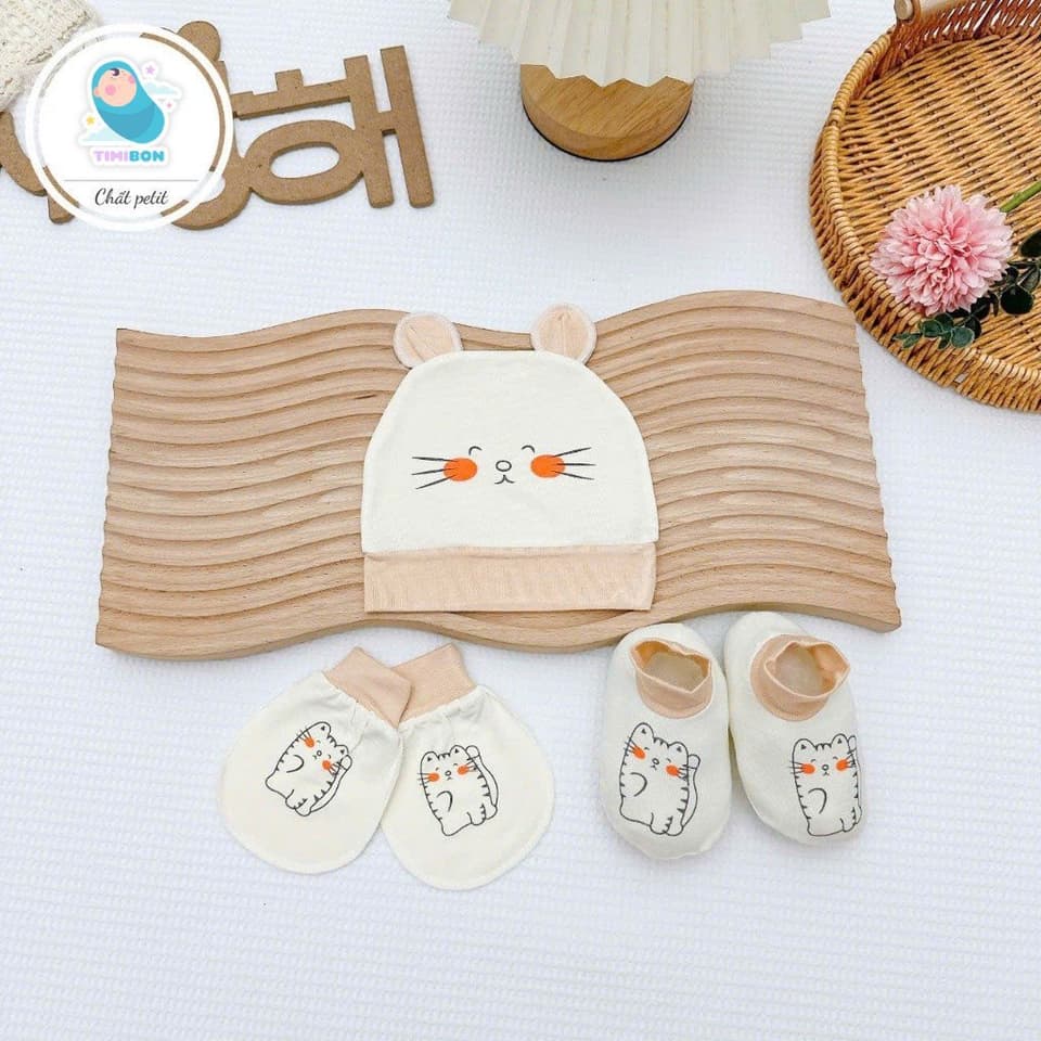 Set 3 Món Sơ Sinh ( Mũ - Bao Tay - Bao Chân ) Kem Pha Cổ Nâu Chất Petit Siêu Mềm Cho Bé Yêu - ảnh 6