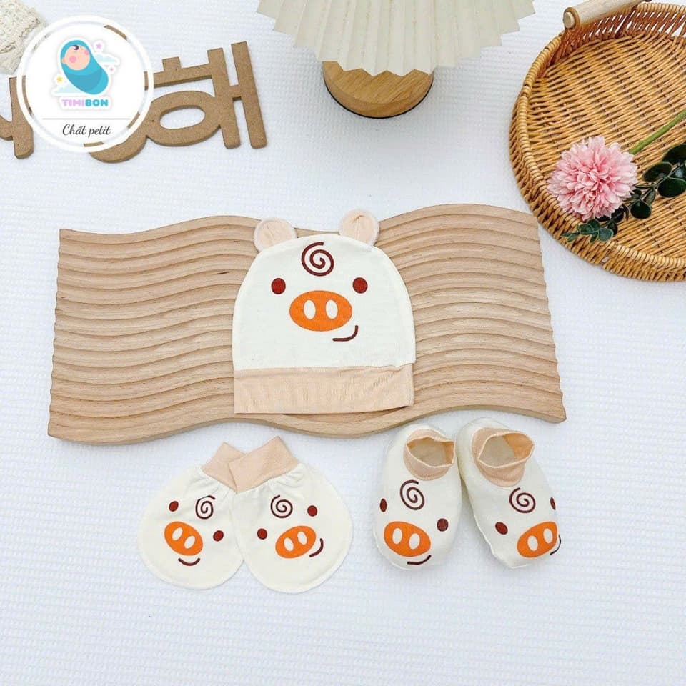 Set 3 Món Sơ Sinh ( Mũ - Bao Tay - Bao Chân ) Kem Pha Cổ Nâu Chất Petit Siêu Mềm Cho Bé Yêu - ảnh 5