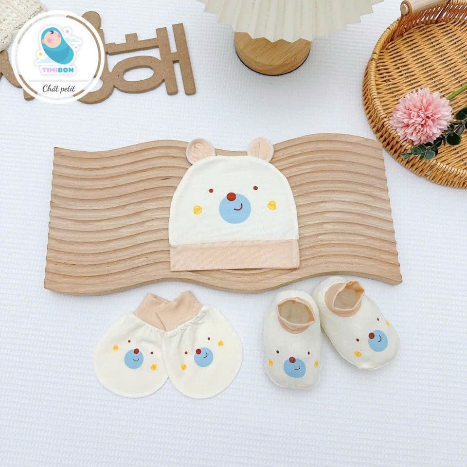 Set 3 Món Sơ Sinh ( Mũ - Bao Tay - Bao Chân ) Kem Pha Cổ Nâu Chất Petit Siêu Mềm Cho Bé Yêu - ảnh 7