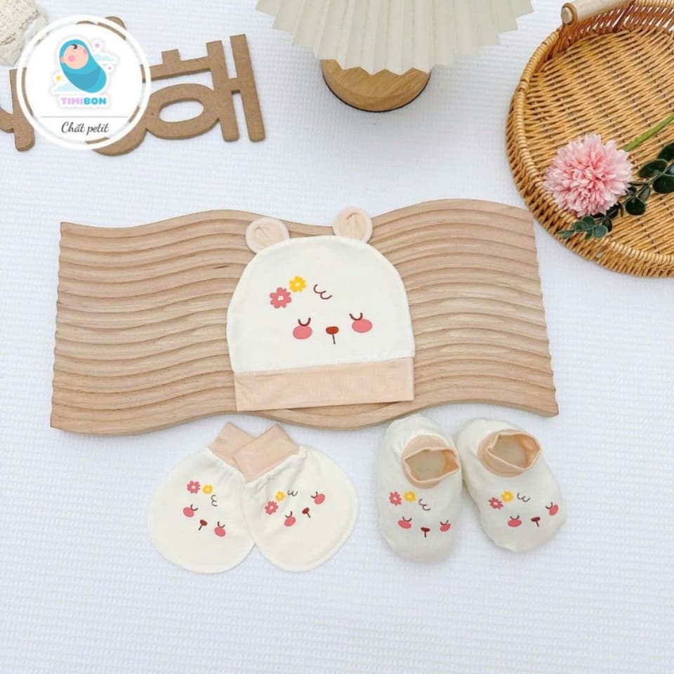 Set 3 Món Sơ Sinh ( Mũ - Bao Tay - Bao Chân ) Kem Pha Cổ Nâu Chất Petit Siêu Mềm Cho Bé Yêu - ảnh 9