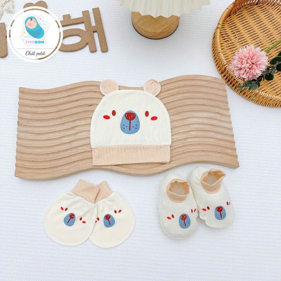 Set 3 Món Sơ Sinh ( Mũ - Bao Tay - Bao Chân ) Kem Pha Cổ Nâu Chất Petit Siêu Mềm Cho Bé Yêu - ảnh 8