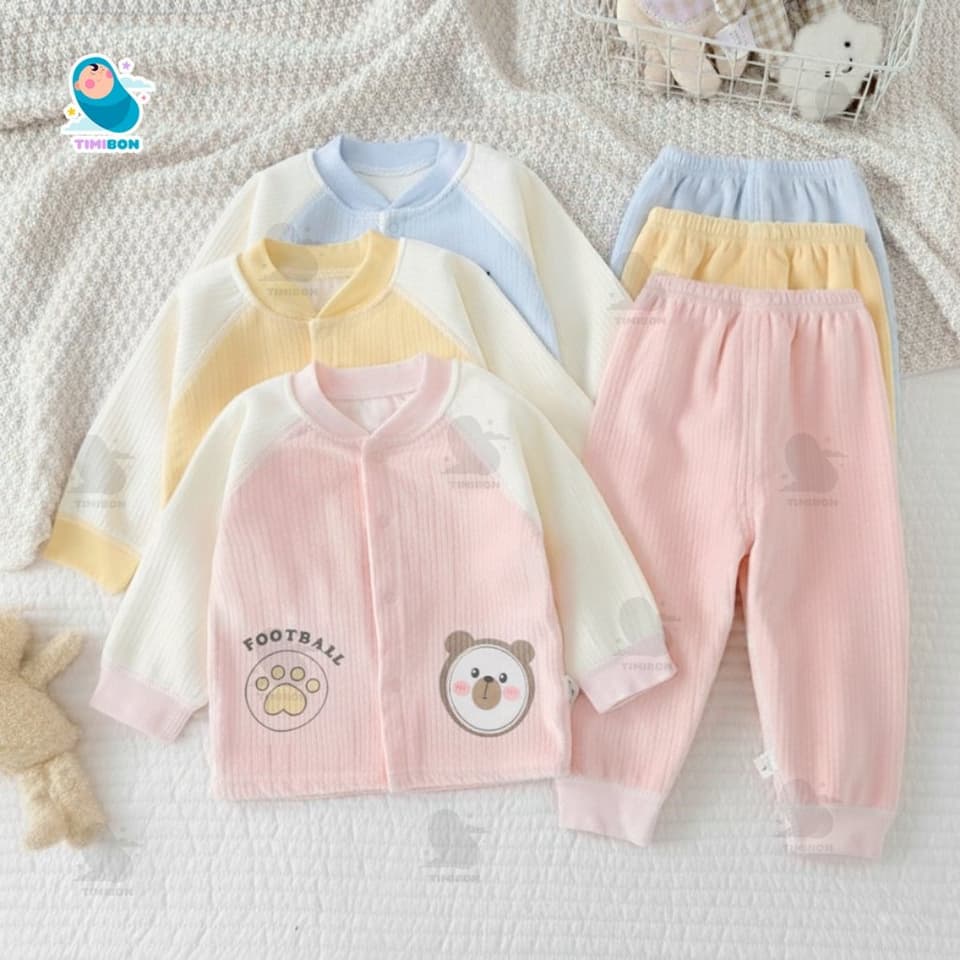 Bộ thu đông cho bé, bộ quần áo nỉ nhung tăm cài cúc, bộ quần áo dài tay cho bé trai bé gái họa tiết Gấu [B20]