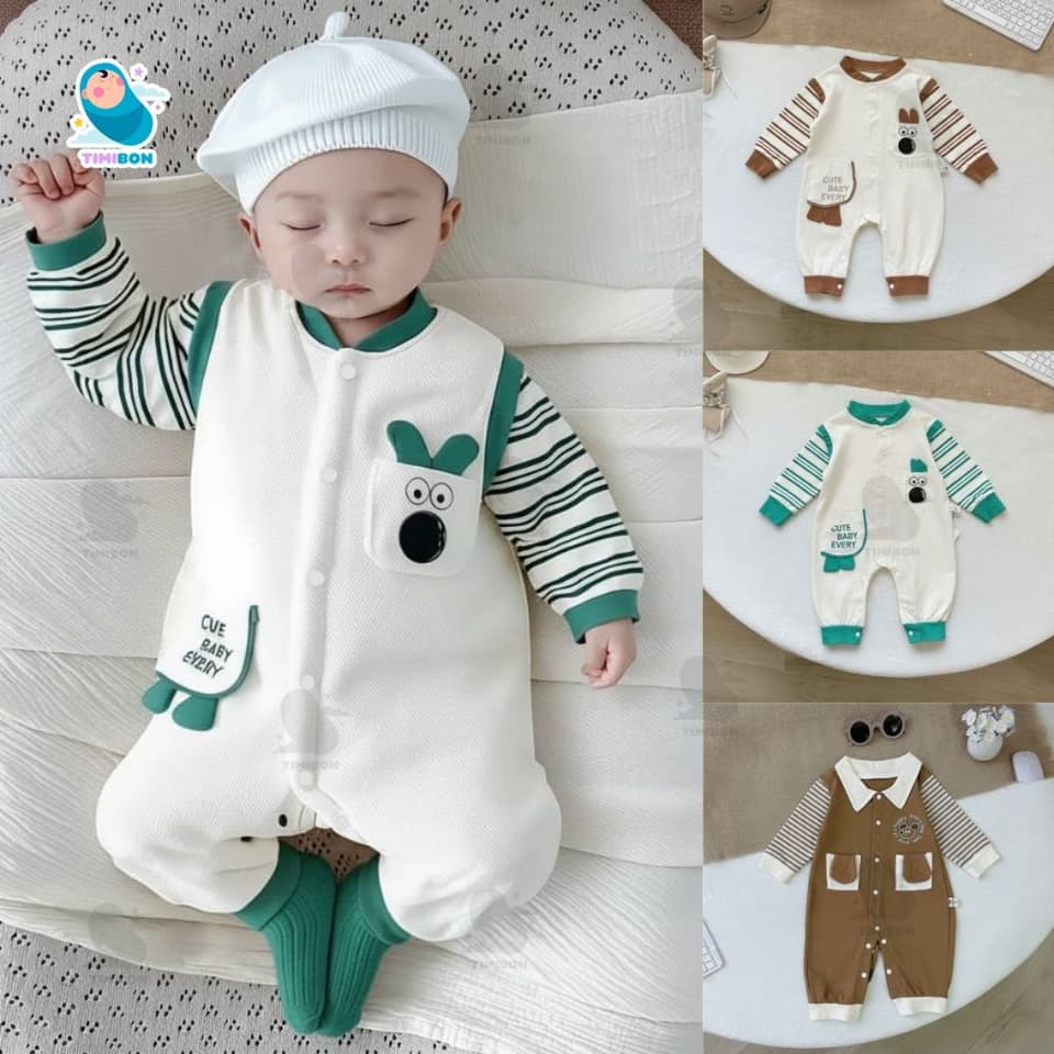 Body Dài Tay Cho Bé Trai Bé Gái Hình Chó Cún, Bodysuit Thu Đông Mềm Mịn, Đồ Sơ Sinh Liền Thân Timibon Kids [BDD94]