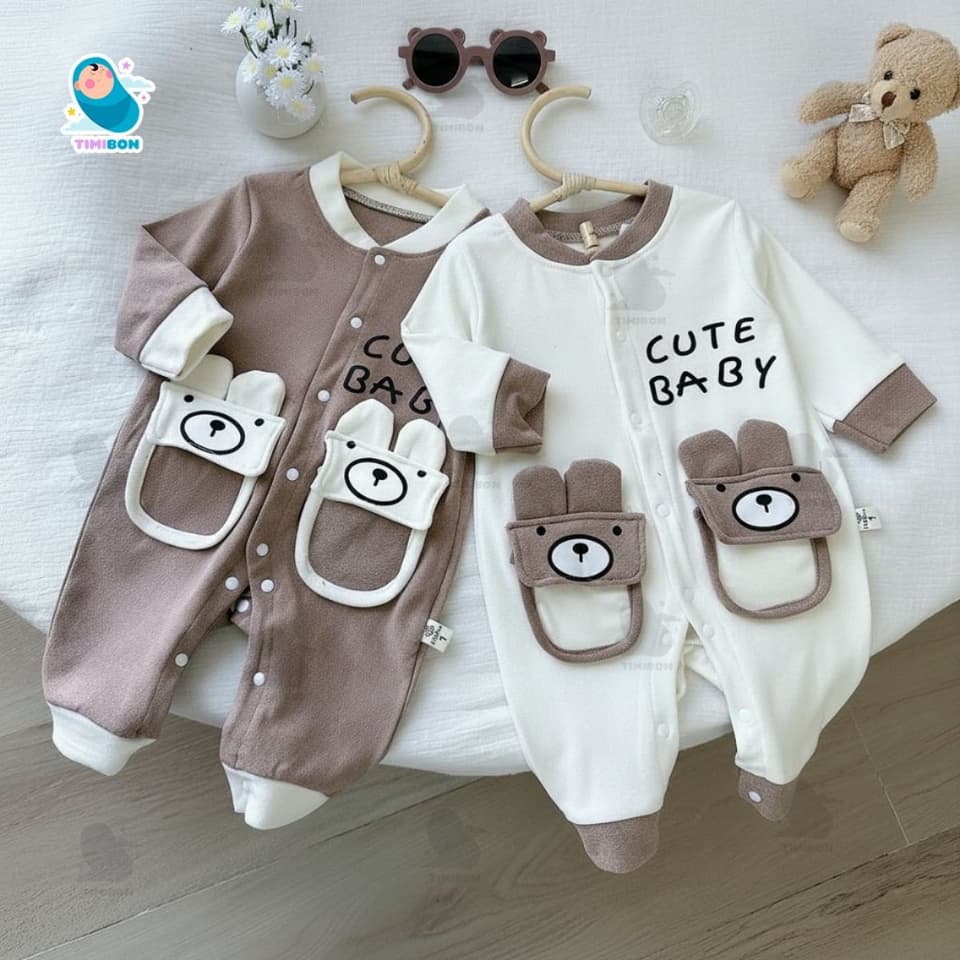 Body Nỉ Cho Bé Dài Tay Thu Đông, Bộ Body Liền Thân Chất Nỉ Mềm Ấm Áp Hình Gấu Dễ Thương Cho Bé [BDD107] - ảnh 2