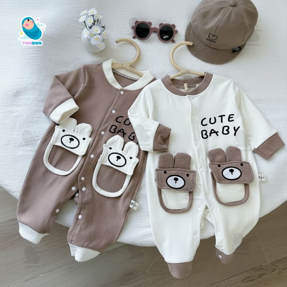 Body Nỉ Cho Bé Dài Tay Thu Đông, Bộ Body Liền Thân Chất Nỉ Mềm Ấm Áp Hình Gấu Dễ Thương Cho Bé [BDD107] - ảnh 3