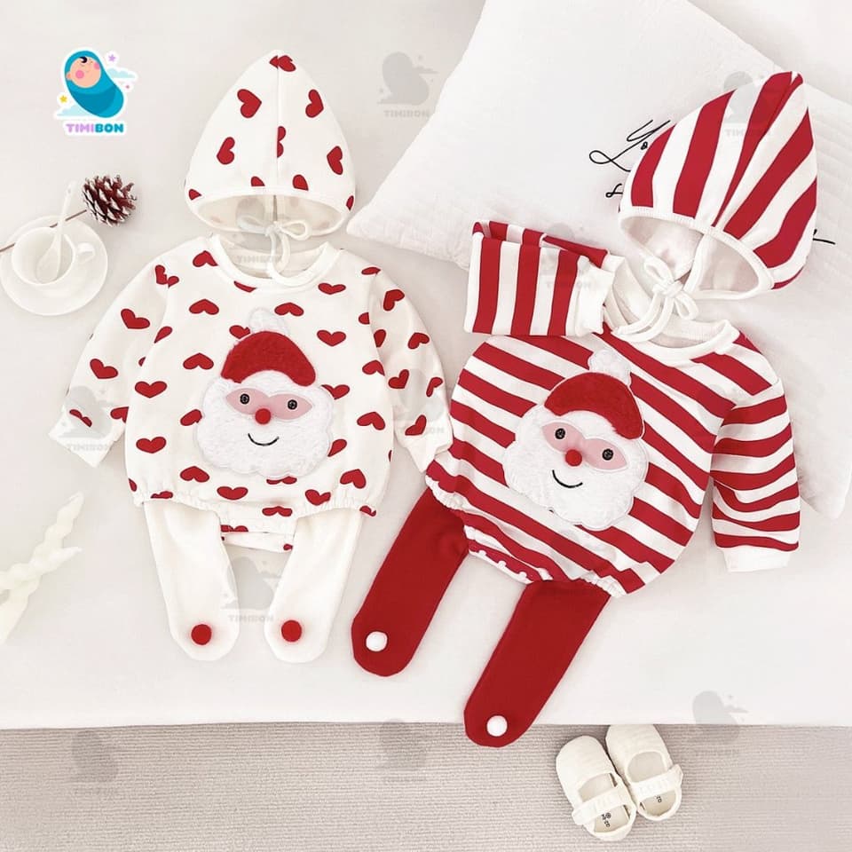 Body Noel Cho Bé Set 3 Chi Tiết Nỉ Bông, Đồ Giáng Sinh Sơ Sinh Bodysuit Kèm Mũ Quần Tất Hình Ông Già Noel [BDCHIP77] - ảnh 3