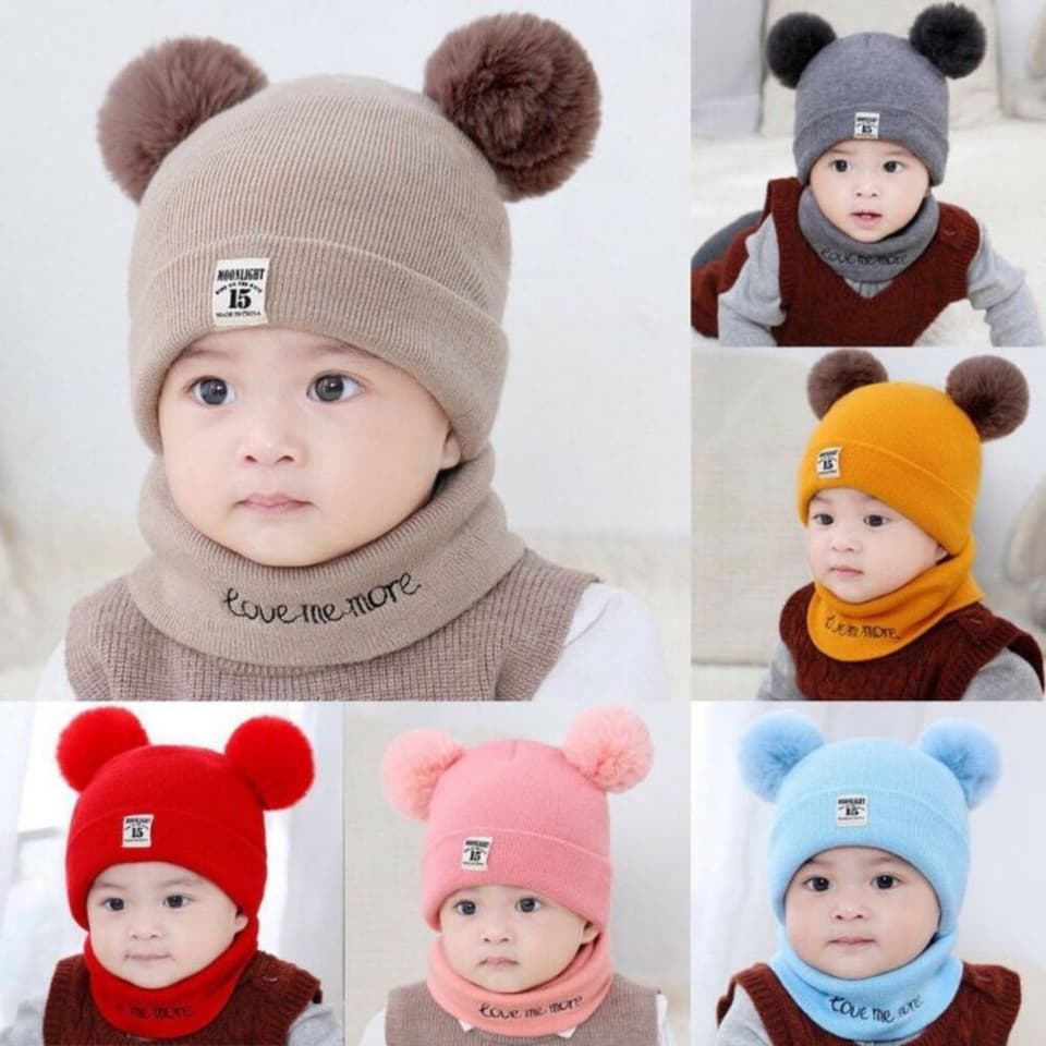 Set Mũ Khăn Cho Bé Len 2 Quả Bông Siêu Xinh - Mũ Len Cho Bé Kèm Khăn Ống Ấm Áp [SMK02]