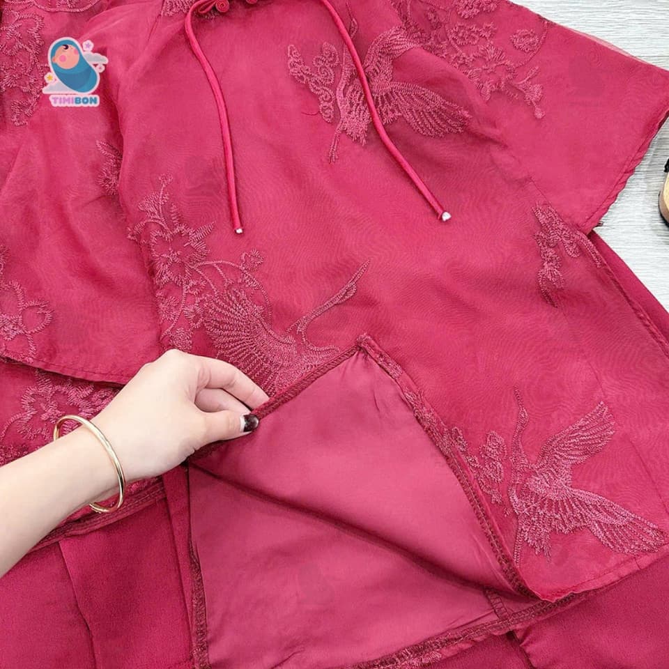 [ Áo + Quần ] Set Áo Dài Cách Tân Bé Gái Màu Đỏ Đô Thêu Hạc Chất Ren Mềm Mịn Sang Trọng Diện Tết (10-30kg) [CT26] - ảnh 8