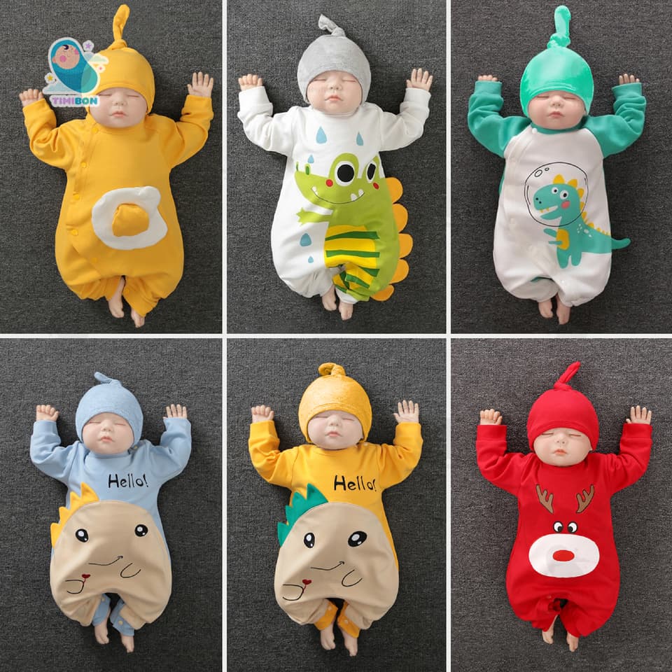 [ Tặng Kèm Mũ ] Quần Áo Trẻ Em Sơ Sinh Bộ Đồ Liền Thân Dài Tay Chất Cotton Bodysuit Hình Thú Cho Bé Trai Bé Gái [BDD18]